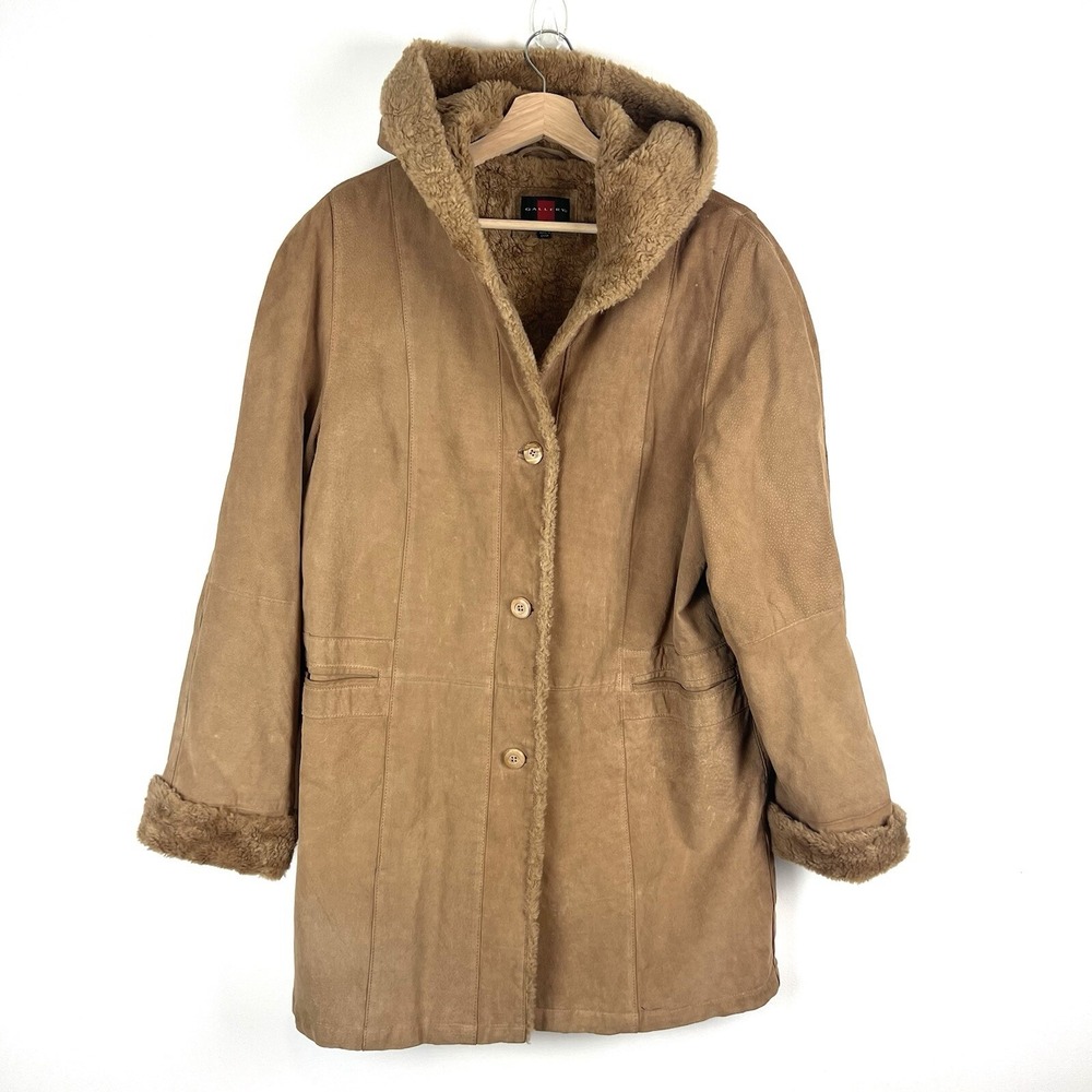 Gallery Womens L Tan Suede Hooded Shearling Lined Parka Coat Cozy Earthy Classic